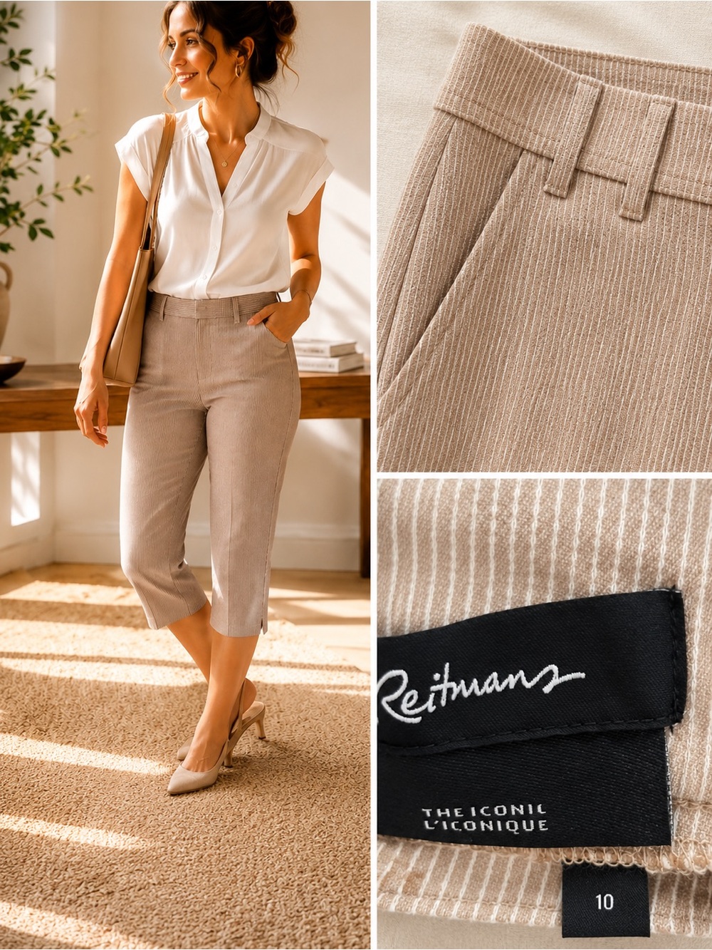 Reitmans Tan Pinstripe Capri Pants Tailored Size 10 Office Chic Cream Cropped